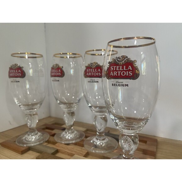 Set of 4 Stella Artois 40CL Gold Rimmed Beer Glasses Chalices Barcore Royalcore - Picture 4 of 8